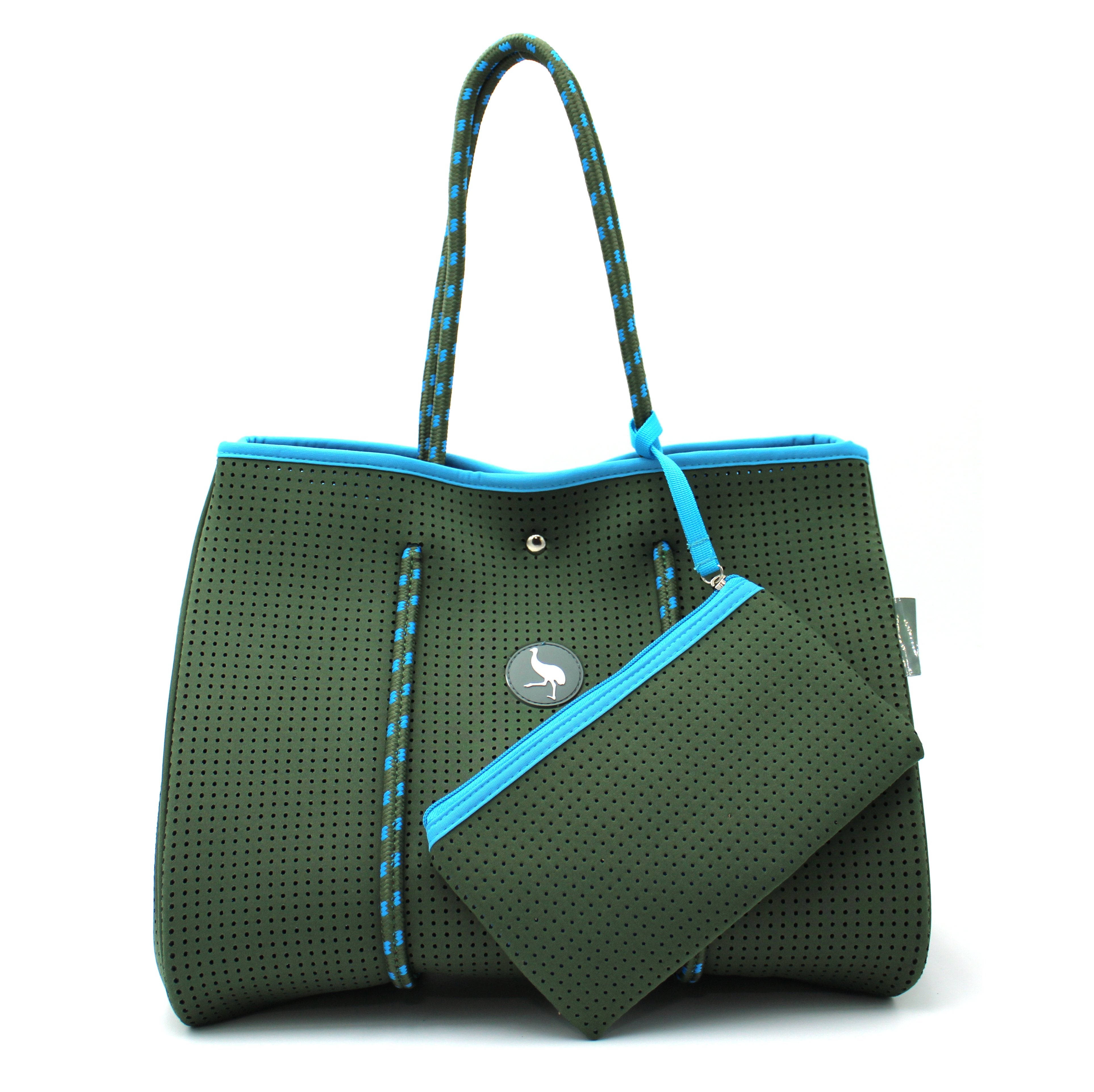Neoprene Tote Bag - Khaki/Turquoise
