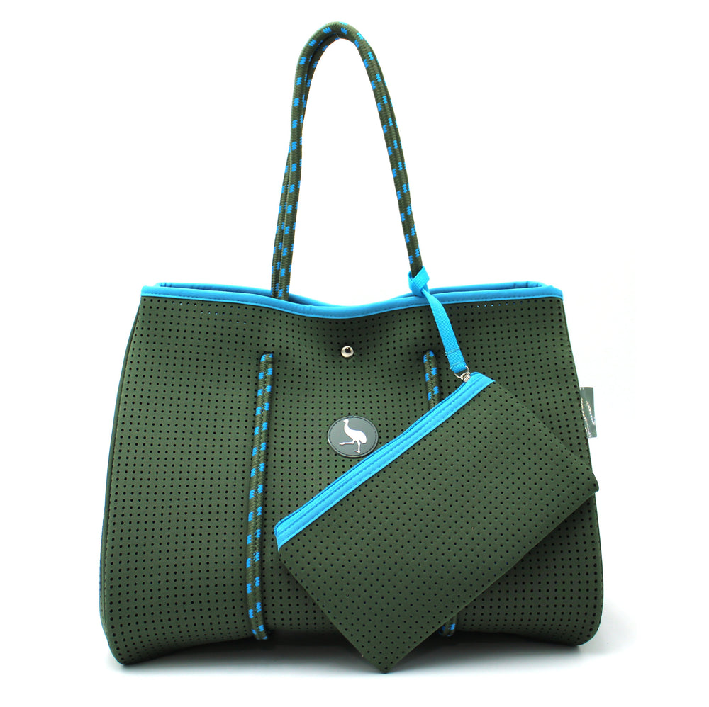 
            
                Load image into Gallery viewer, Neoprene Tote Bag - Khaki/Turquoise
            
        