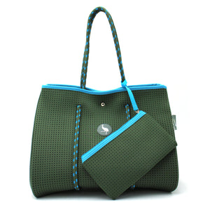 Neoprene Tote Bag - Khaki/Turquoise